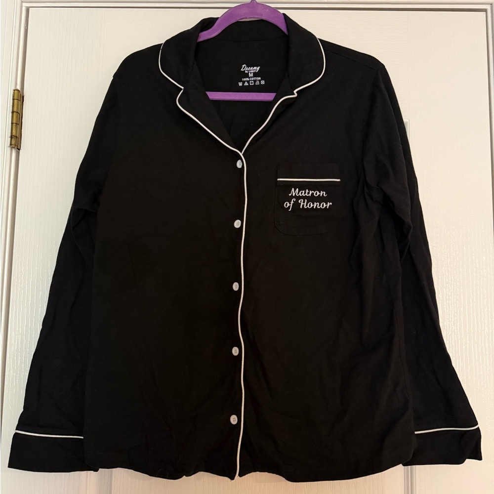 Black 'Matron of Honor' Pajama Top with White Piping
